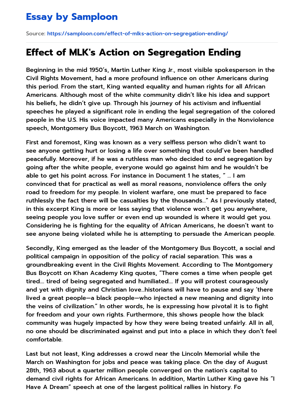 Effect of MLK’s Action on Segregation Ending essay