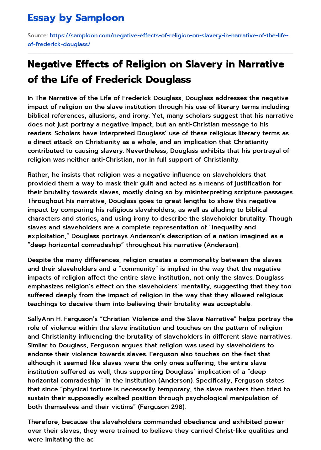Negative Effects of Religion on Slavery in Narrative of the Life of Frederick Douglass essay