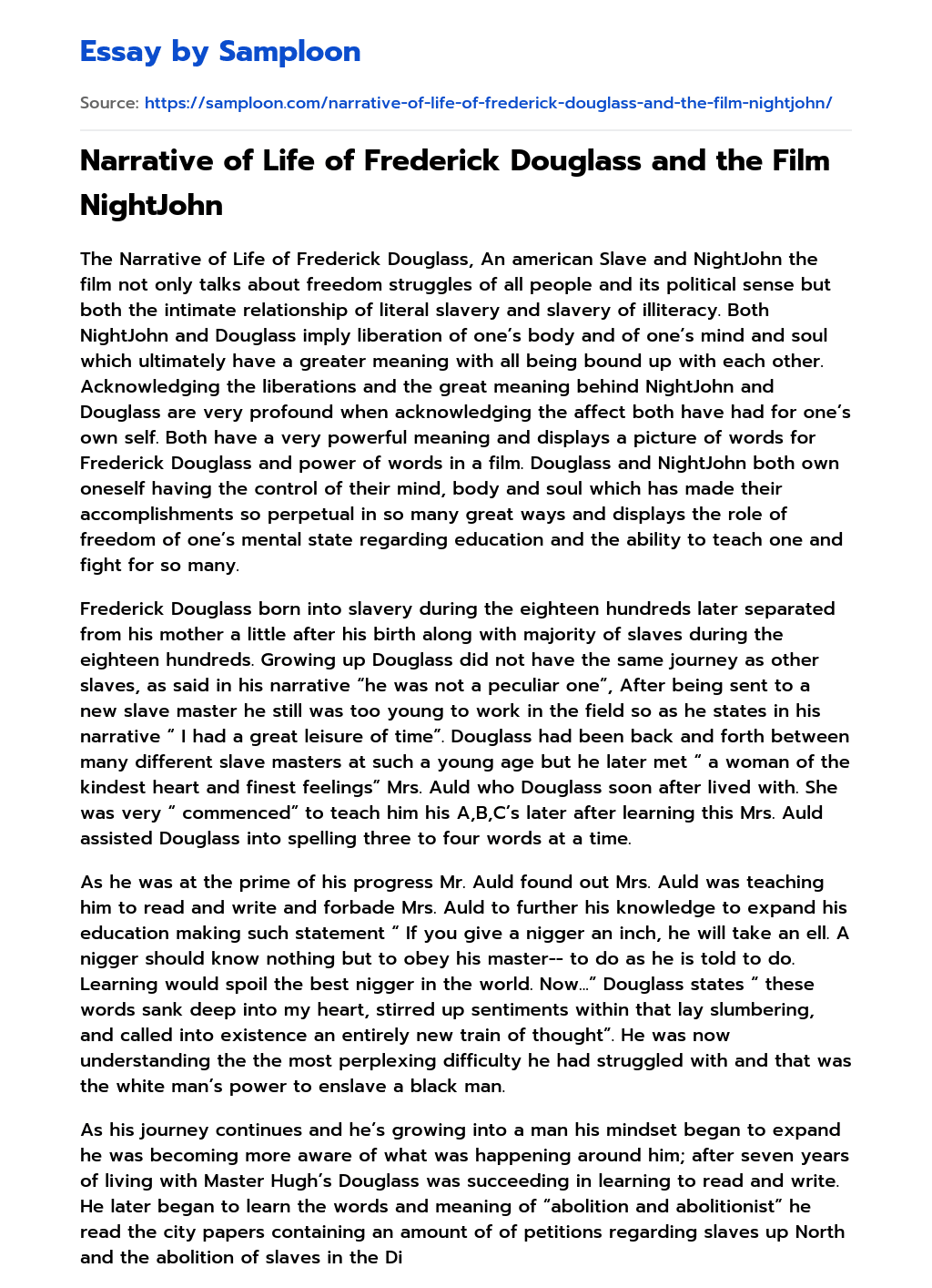 Narrative of Life of Frederick Douglass and the Film NightJohn essay