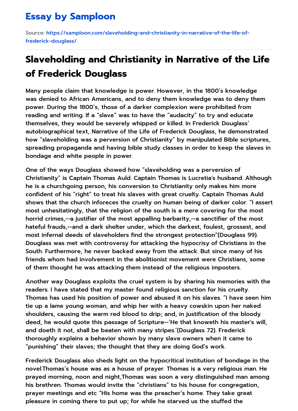 Slaveholding and Christianity in Narrative of the Life of Frederick Douglass essay