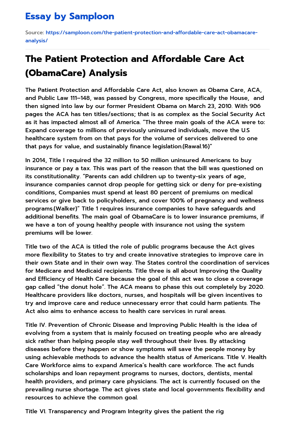 The Patient Protection and Affordable Care Act (ObamaCare) Analysis essay