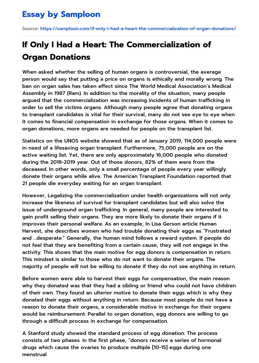 If Only I Had a Heart: The Commercialization of Organ Donations essay