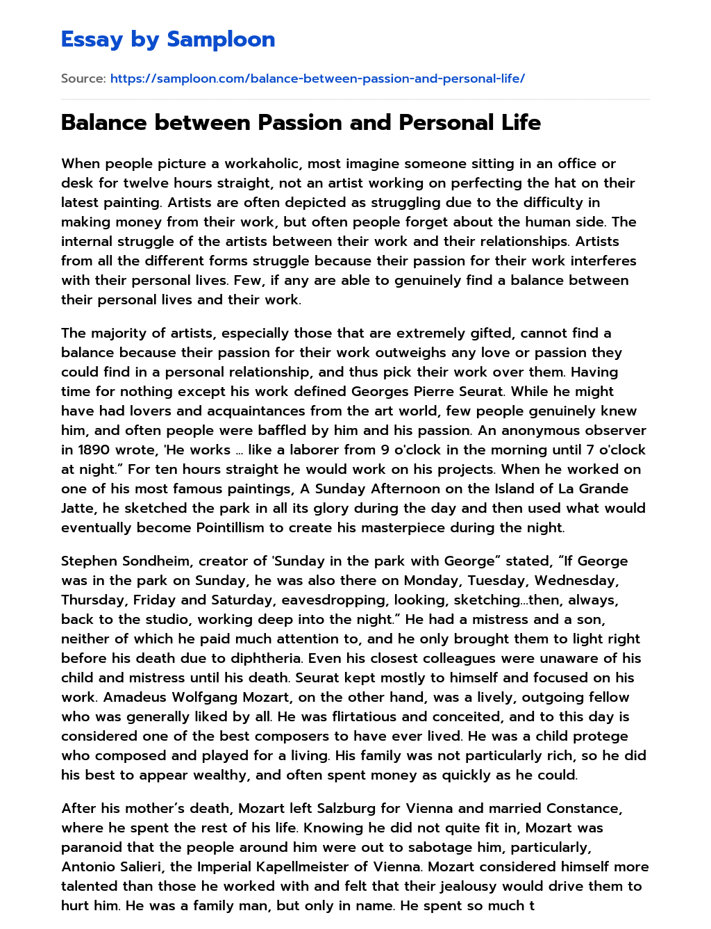 Balance between Passion and Personal Life essay