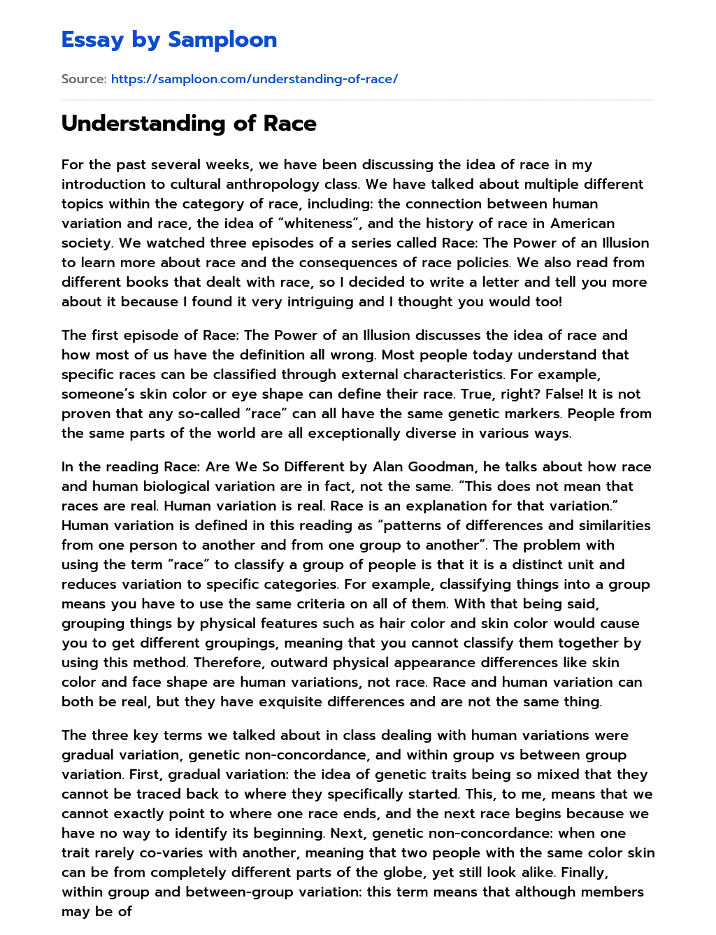 Understanding of Race essay