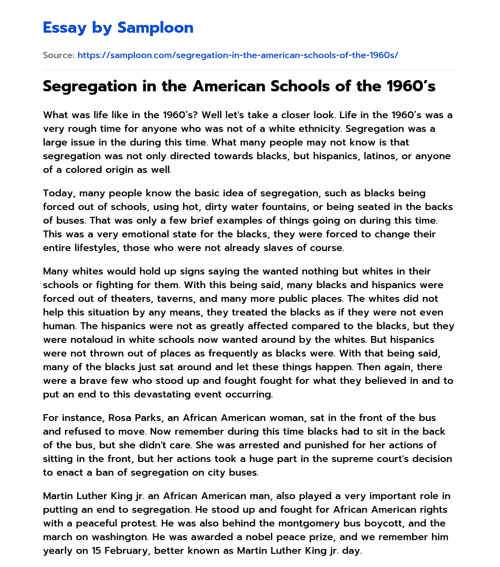 Segregation in the American Schools of the 1960’s essay