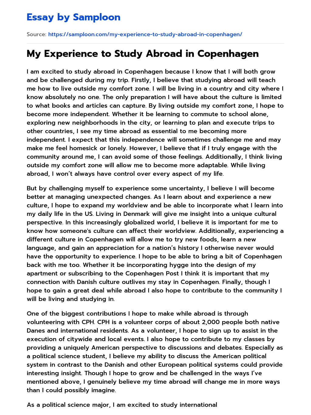 My Experience to Study Abroad in Copenhagen Application essay