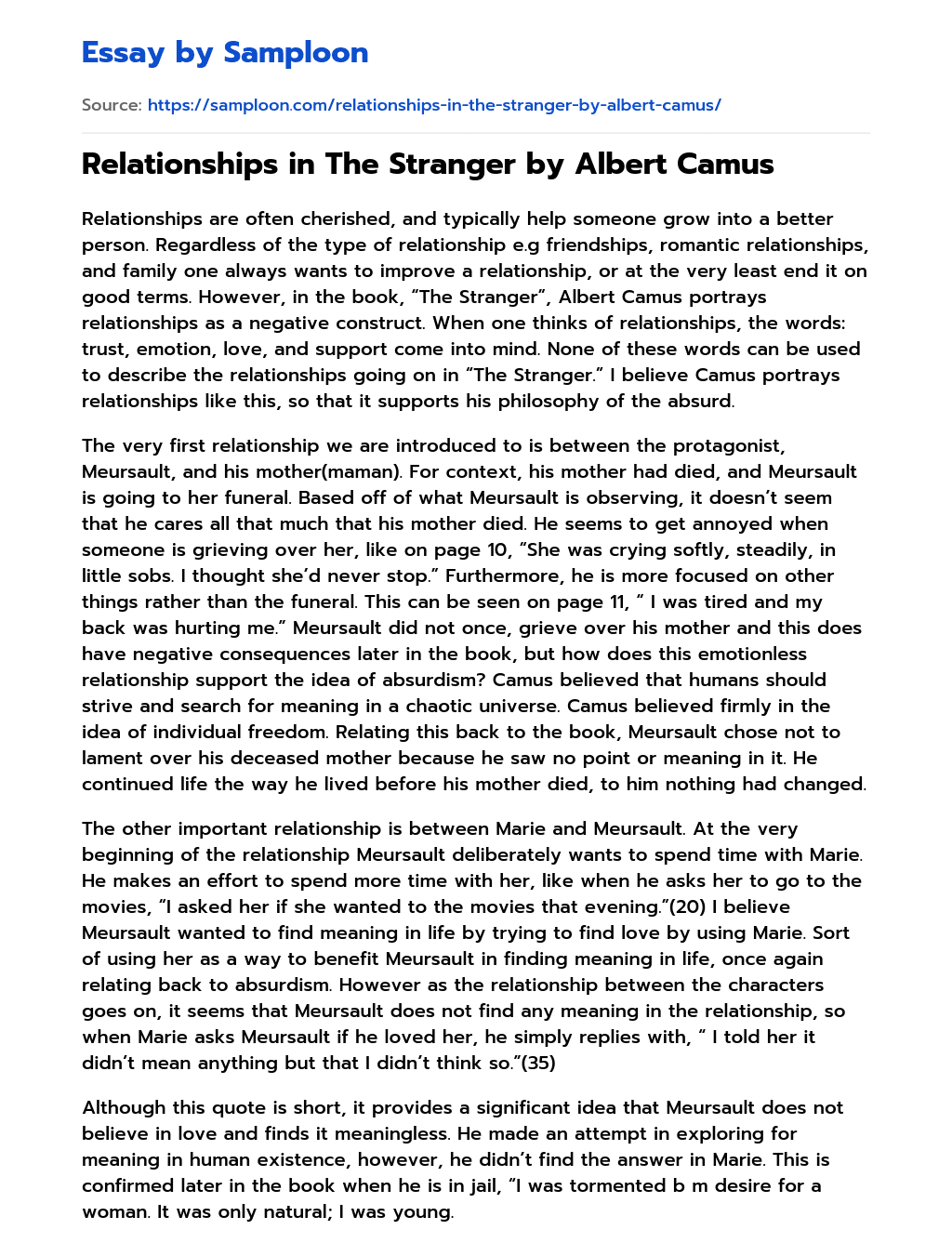 Relationships in The Stranger by Albert Camus essay