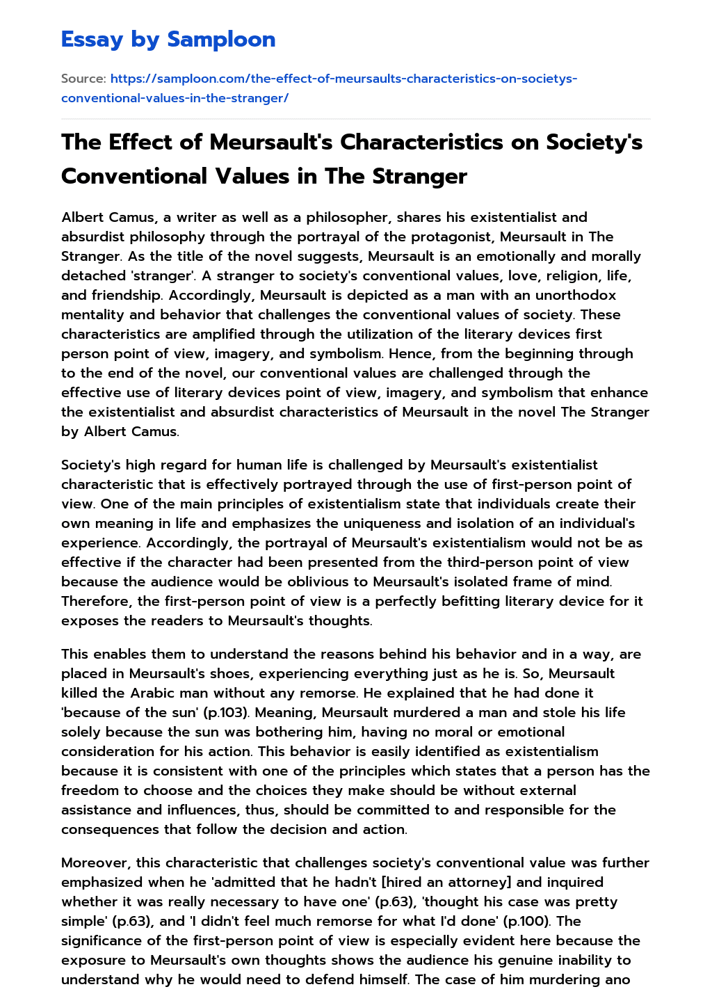 The Effect of Meursault’s Characteristics on Society’s Conventional Values in The Stranger Literary Analysis essay