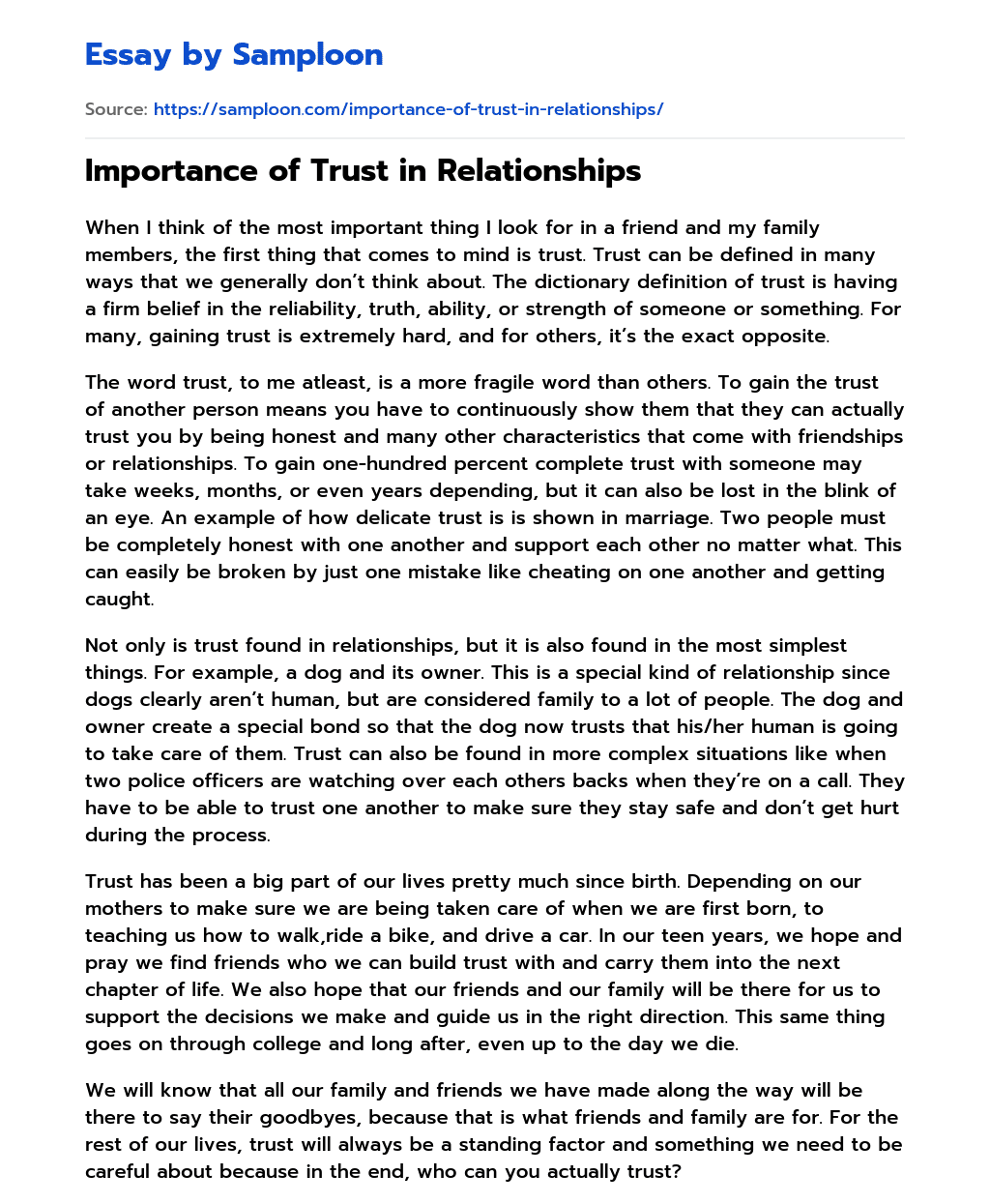 essay on trust and honesty in human relationship