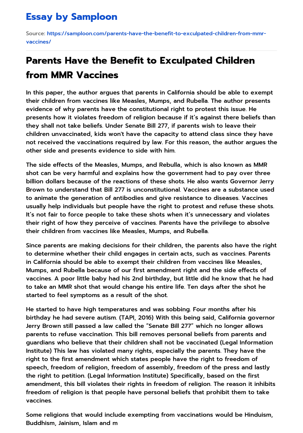Parents Have the Benefit to Exculpated Children from MMR Vaccines essay