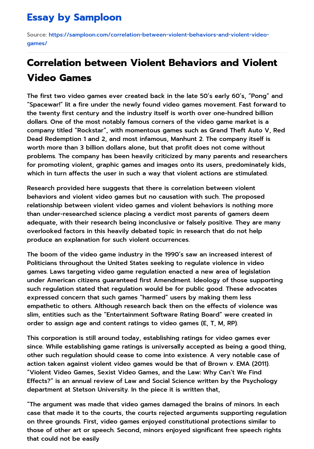 Correlation between Violent Behaviors and Violent Video Games essay