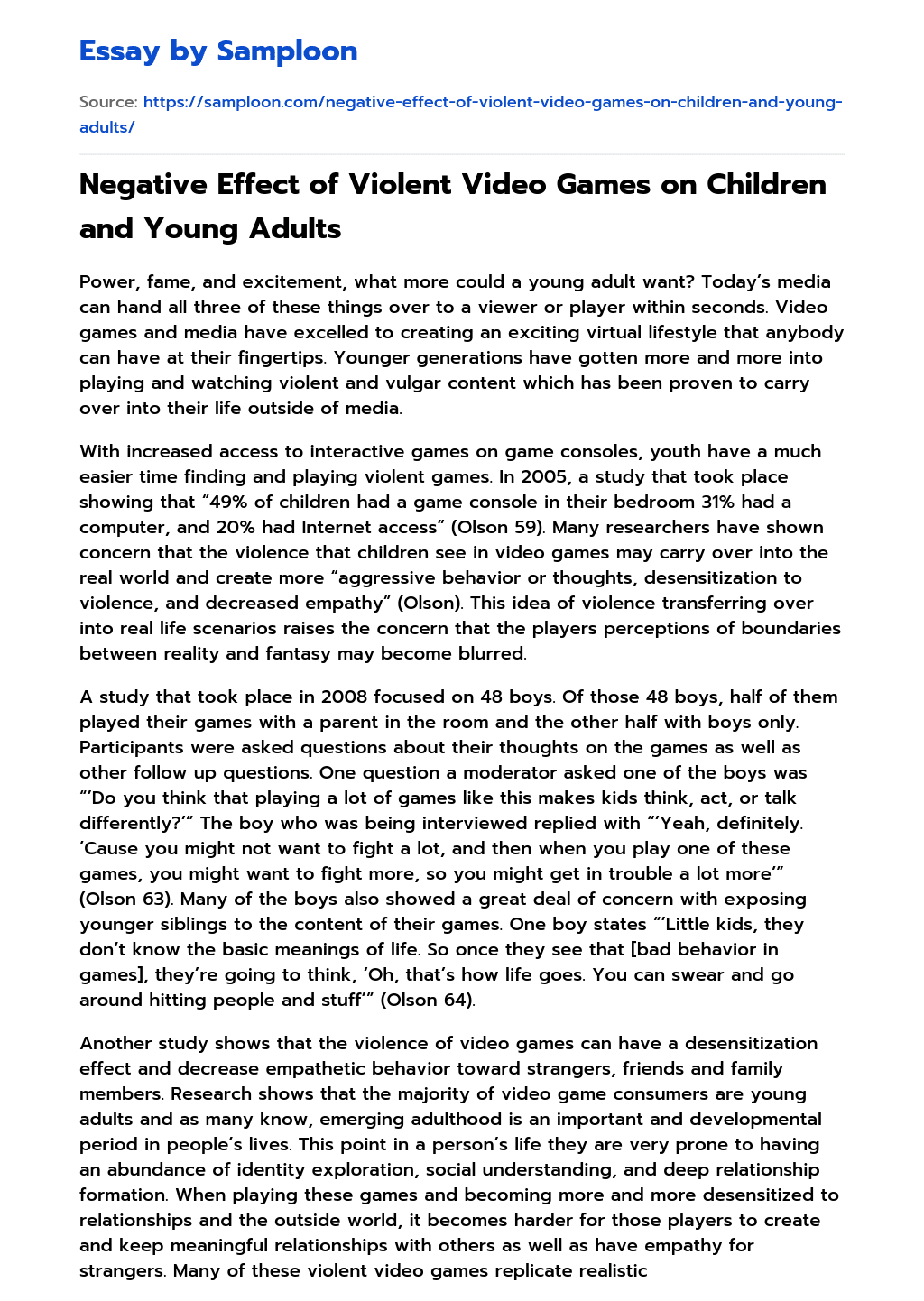 Negative Effect of Violent Video Games on Children and Young Adults essay