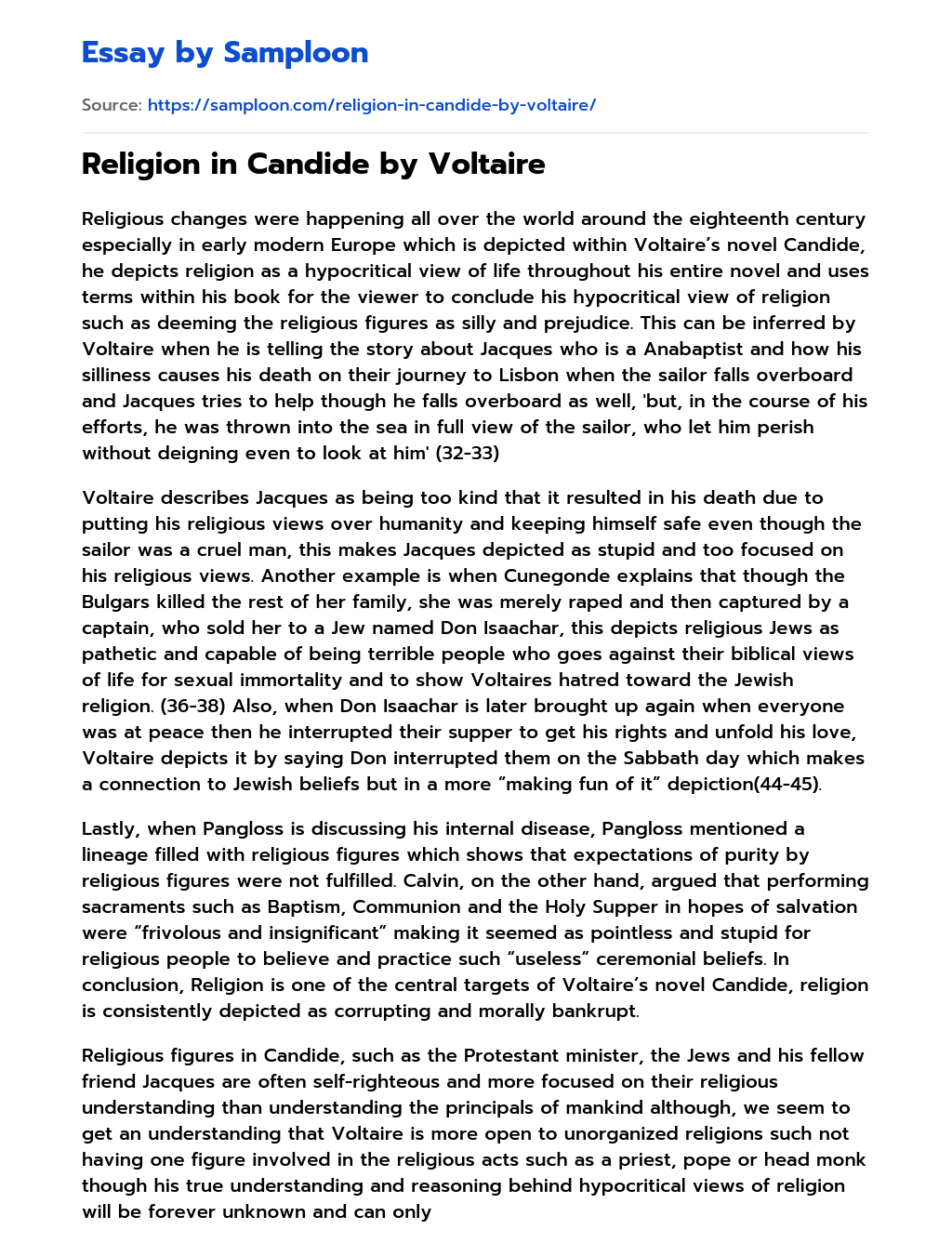 Religion in Candide by Voltaire essay