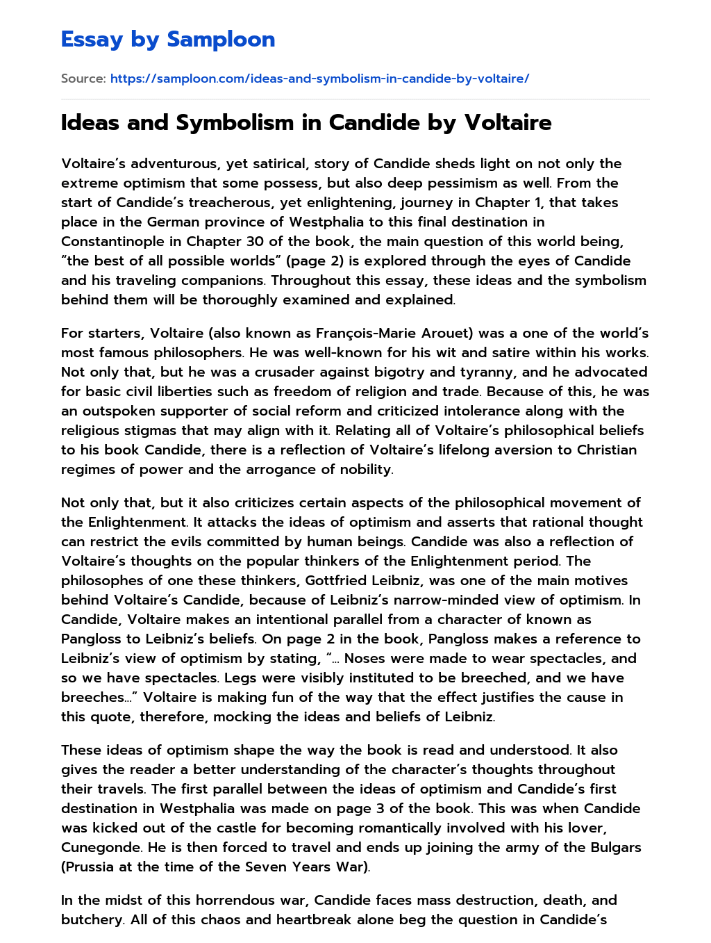 Ideas and Symbolism in Candide by Voltaire essay