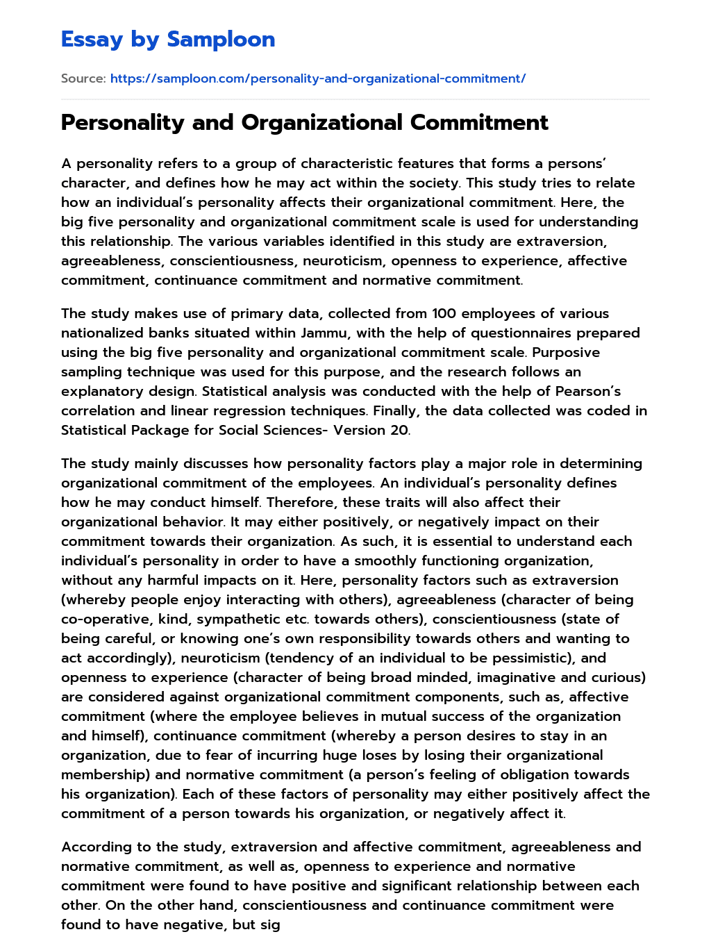 Personality and Organizational Commitment essay
