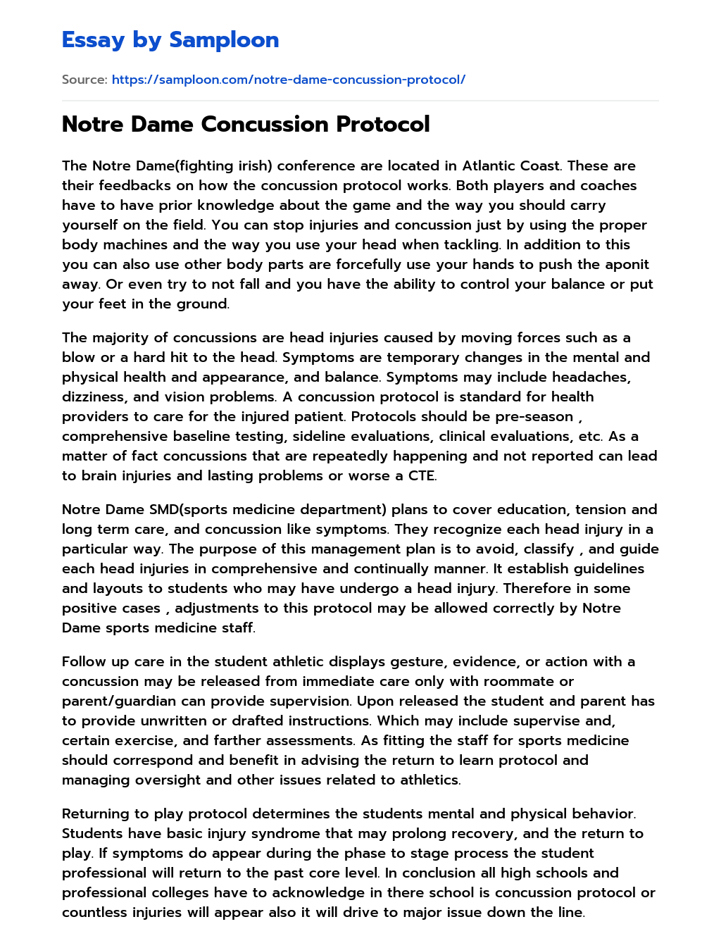 Notre Dame Concussion Protocol essay