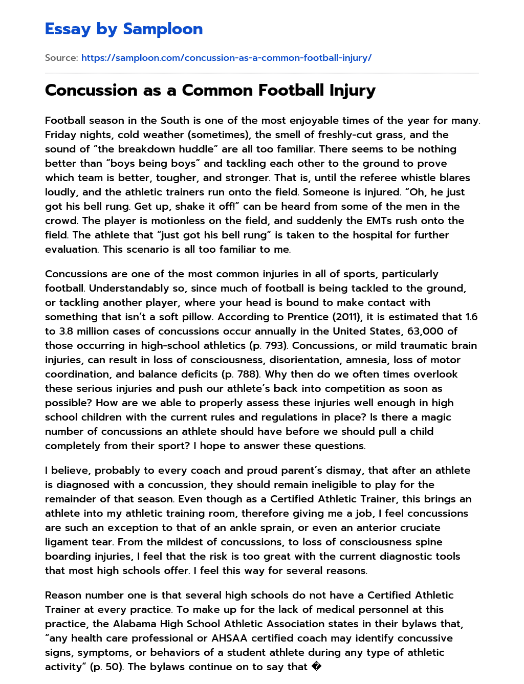 Concussion as a Common Football Injury essay