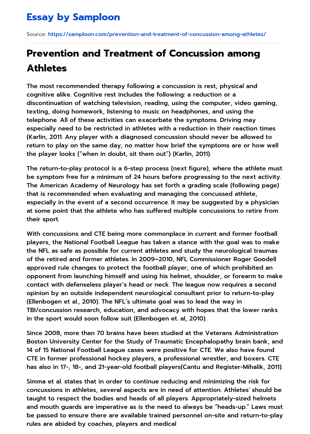 Prevention and Treatment of Concussion among Athletes essay