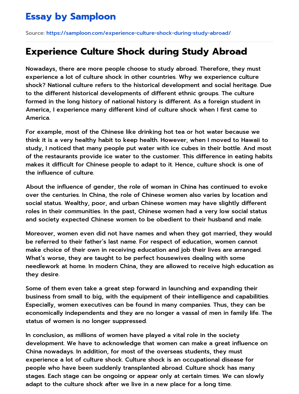Experience Culture Shock during Study Abroad essay