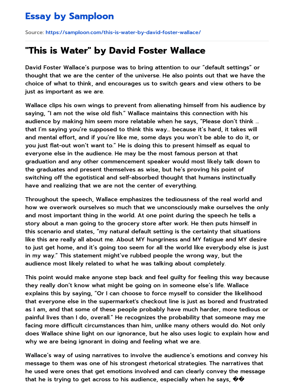“This is Water” by David Foster Wallace Summary essay