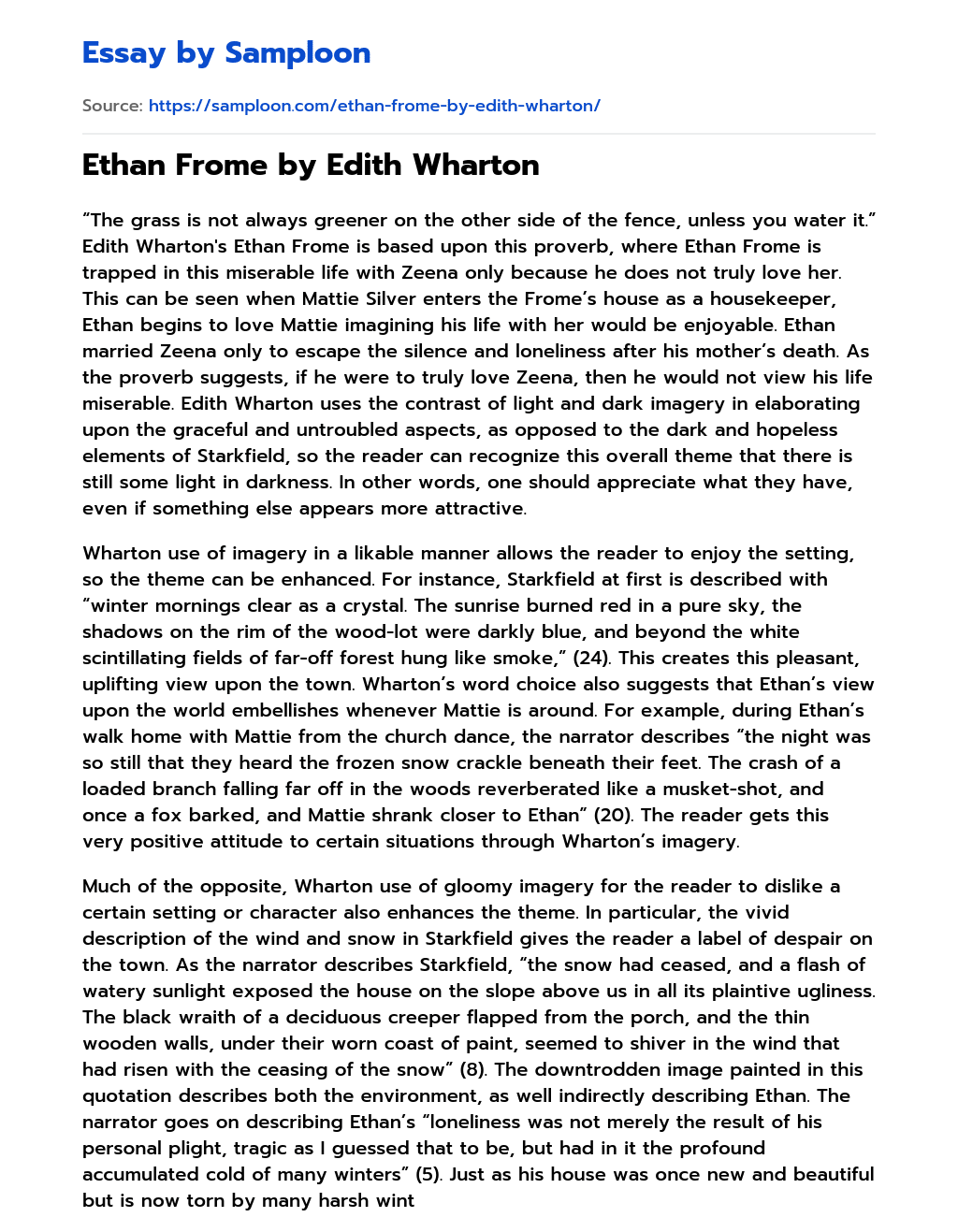 Ethan Frome by Edith Wharton essay