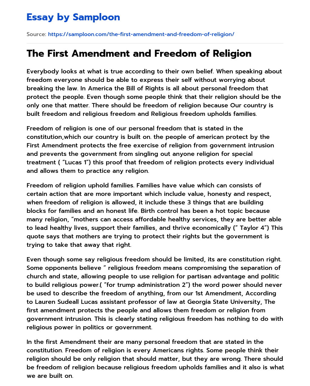 The First Amendment and Freedom of Religion essay