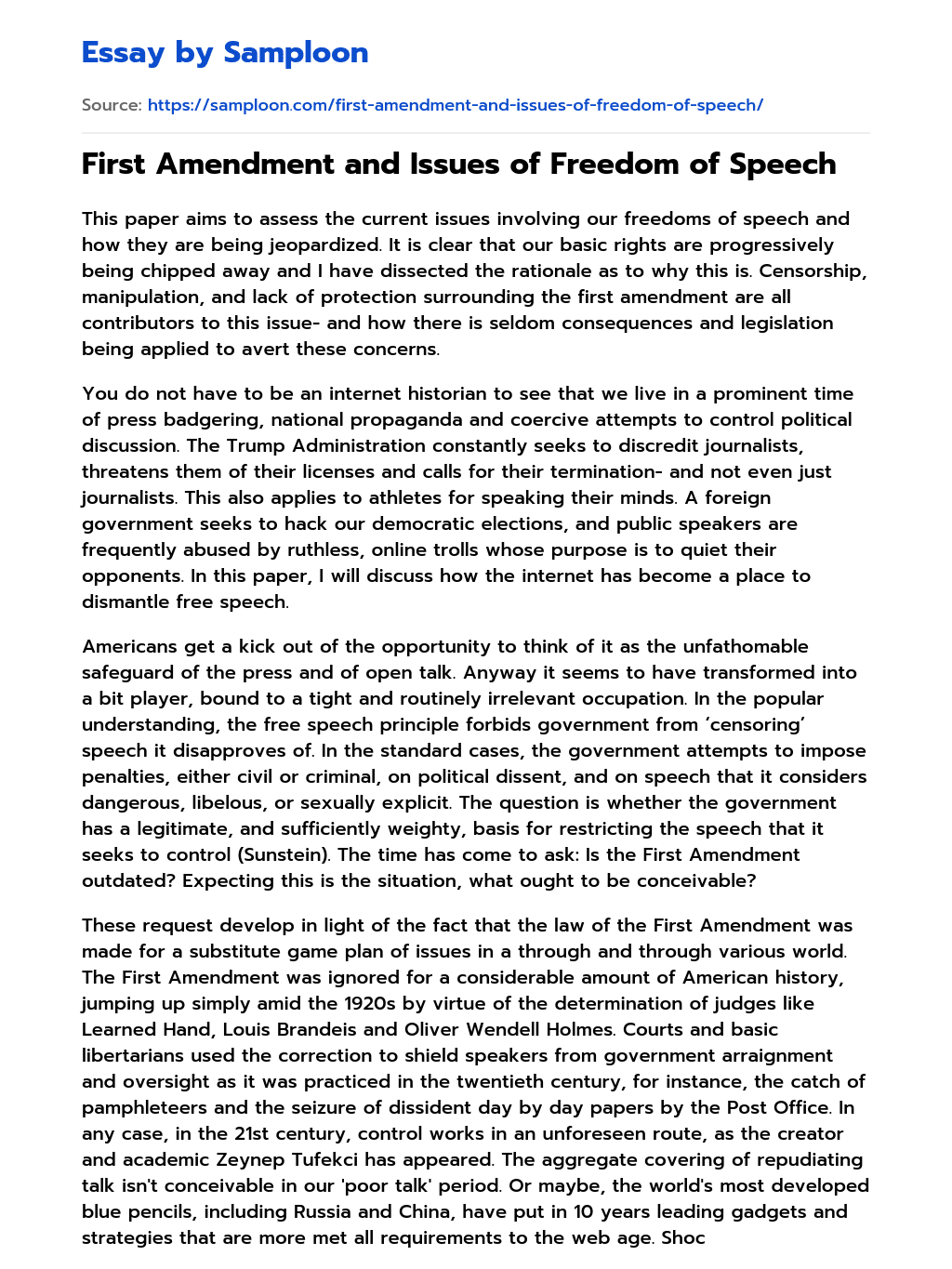 First Amendment and Issues of Freedom of Speech essay
