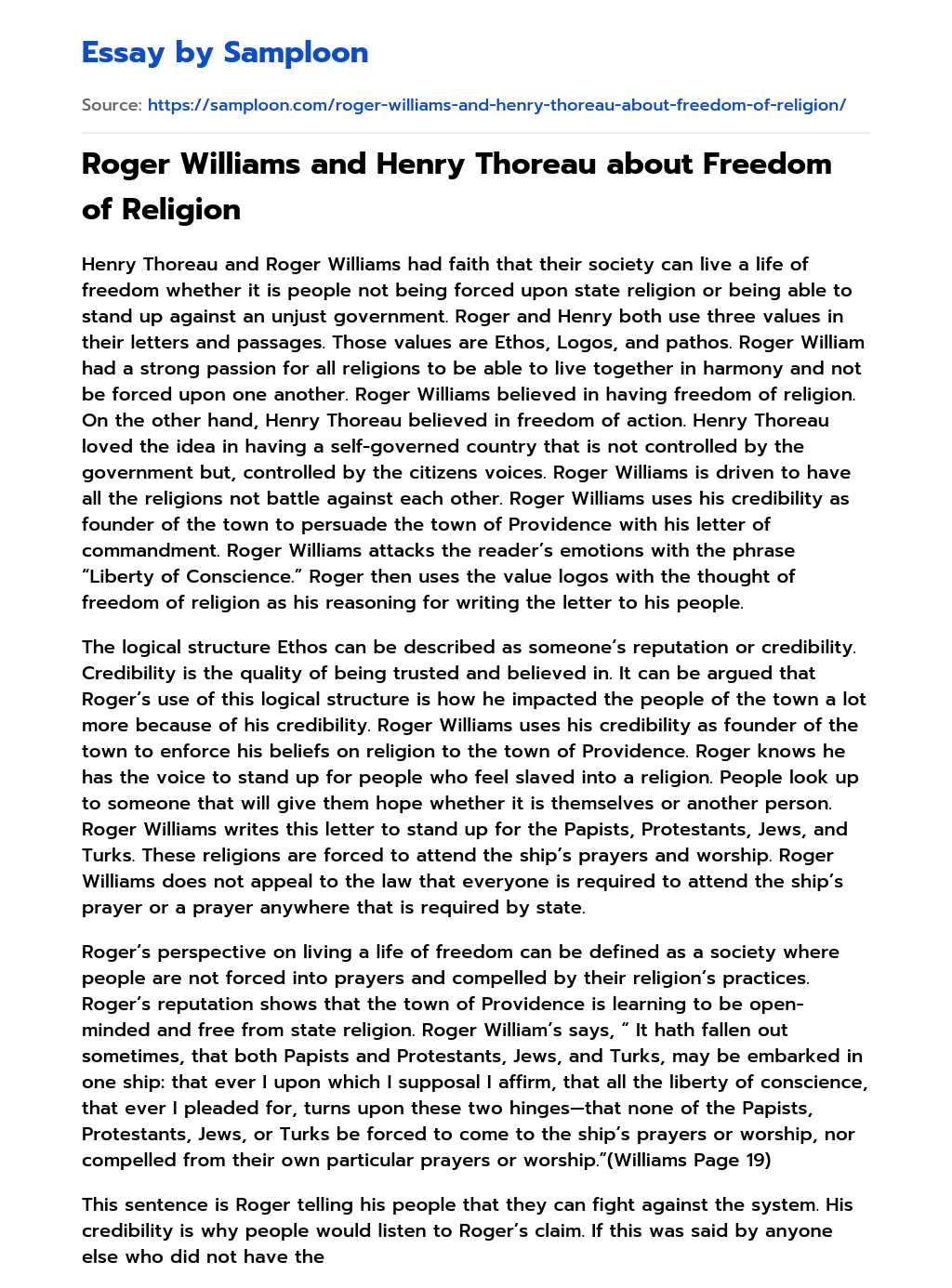 Roger Williams and Henry Thoreau about Freedom of Religion essay