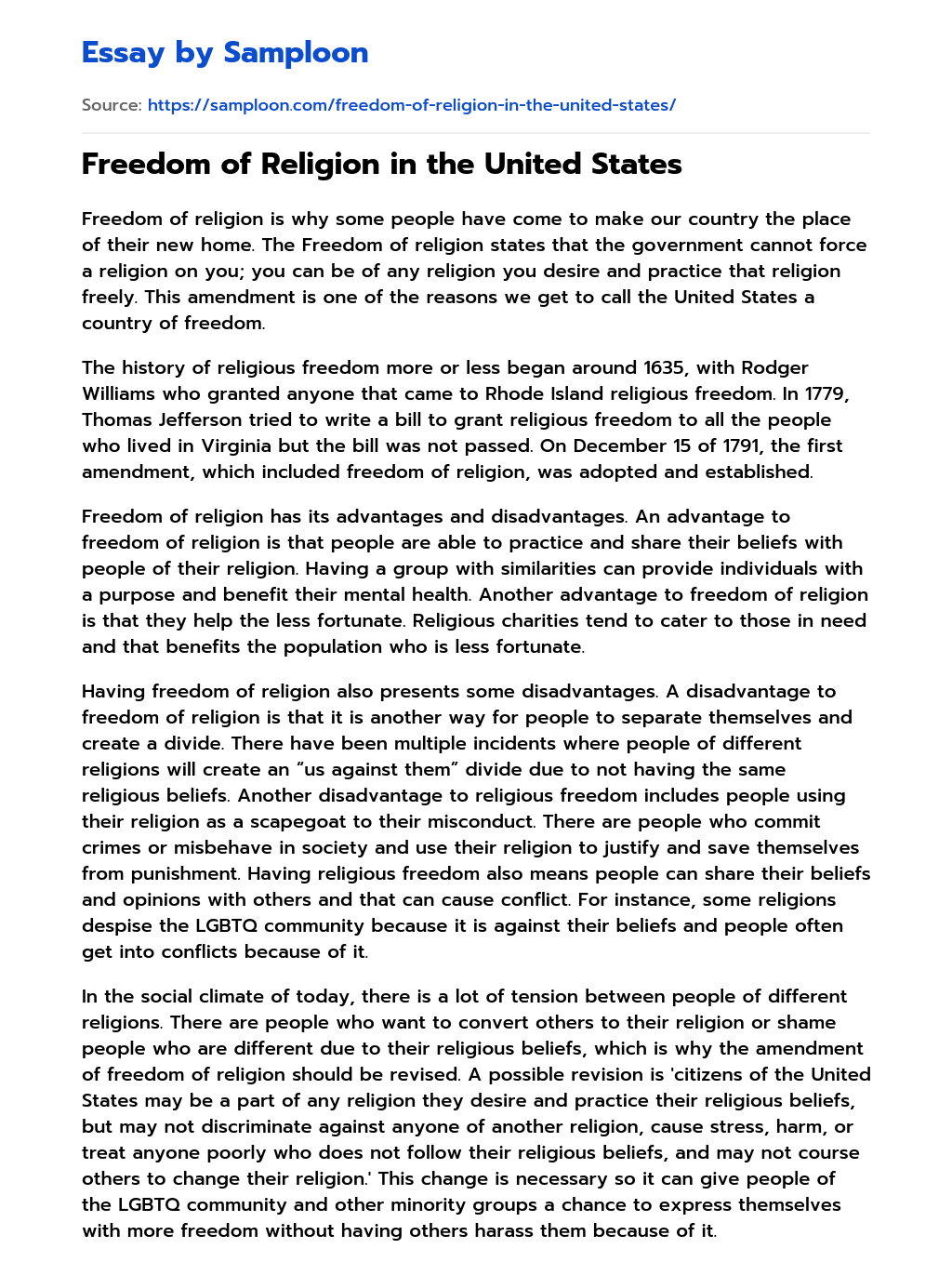 Freedom of Religion in the United States essay