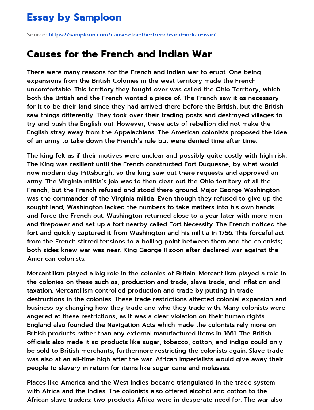Causes for the French and Indian War essay