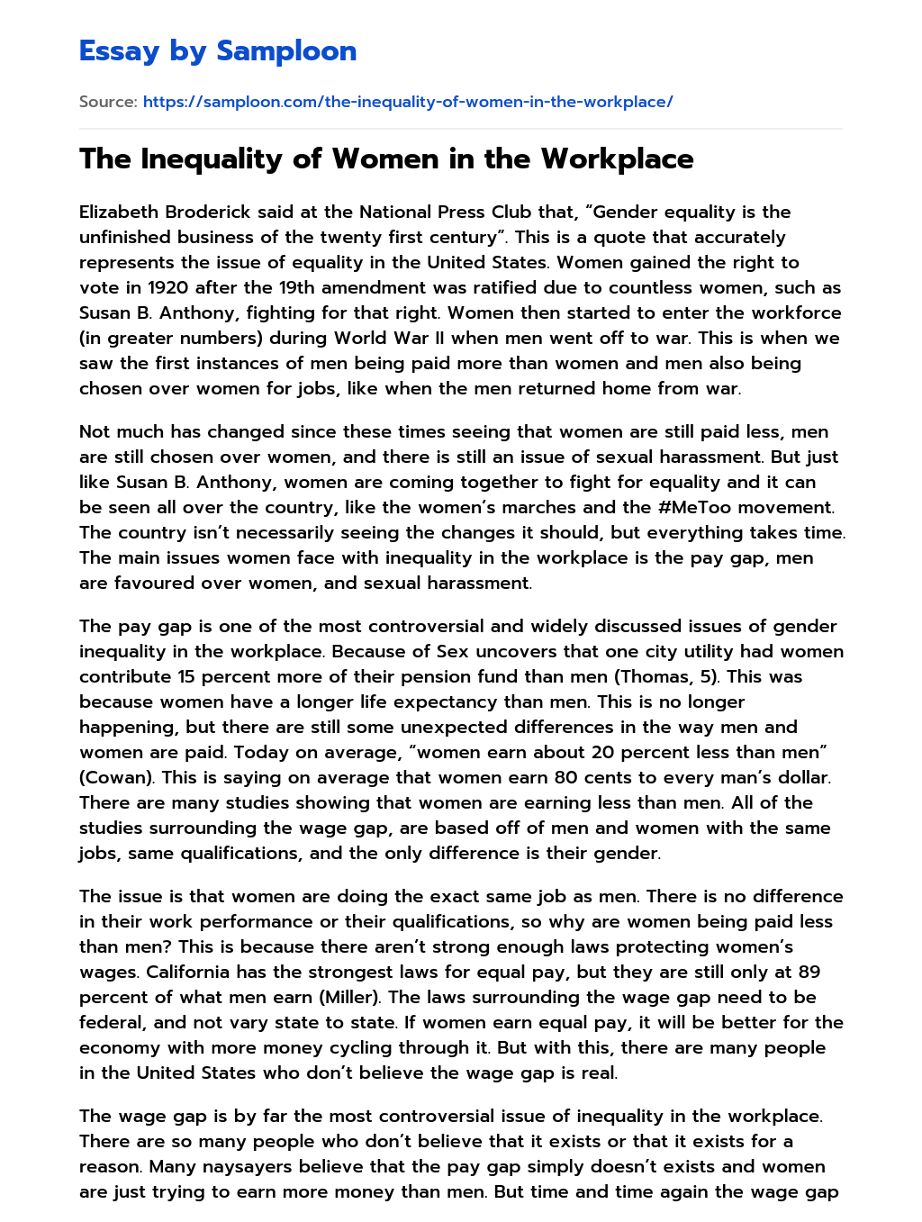 The Inequality of Women in the Workplace essay