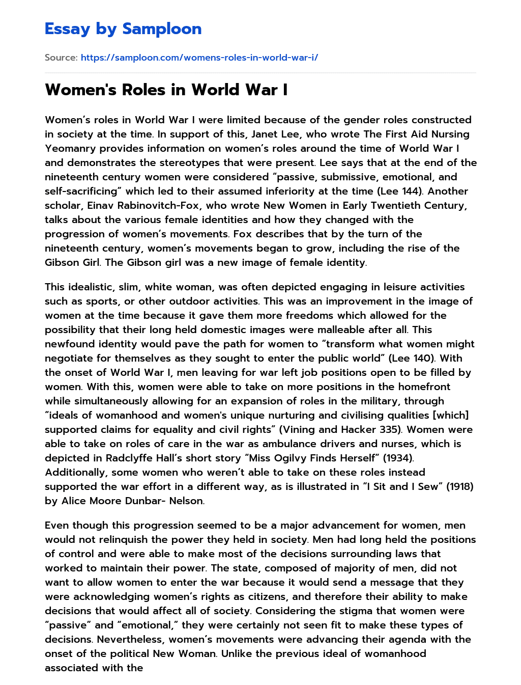 Women’s Roles in World War I essay