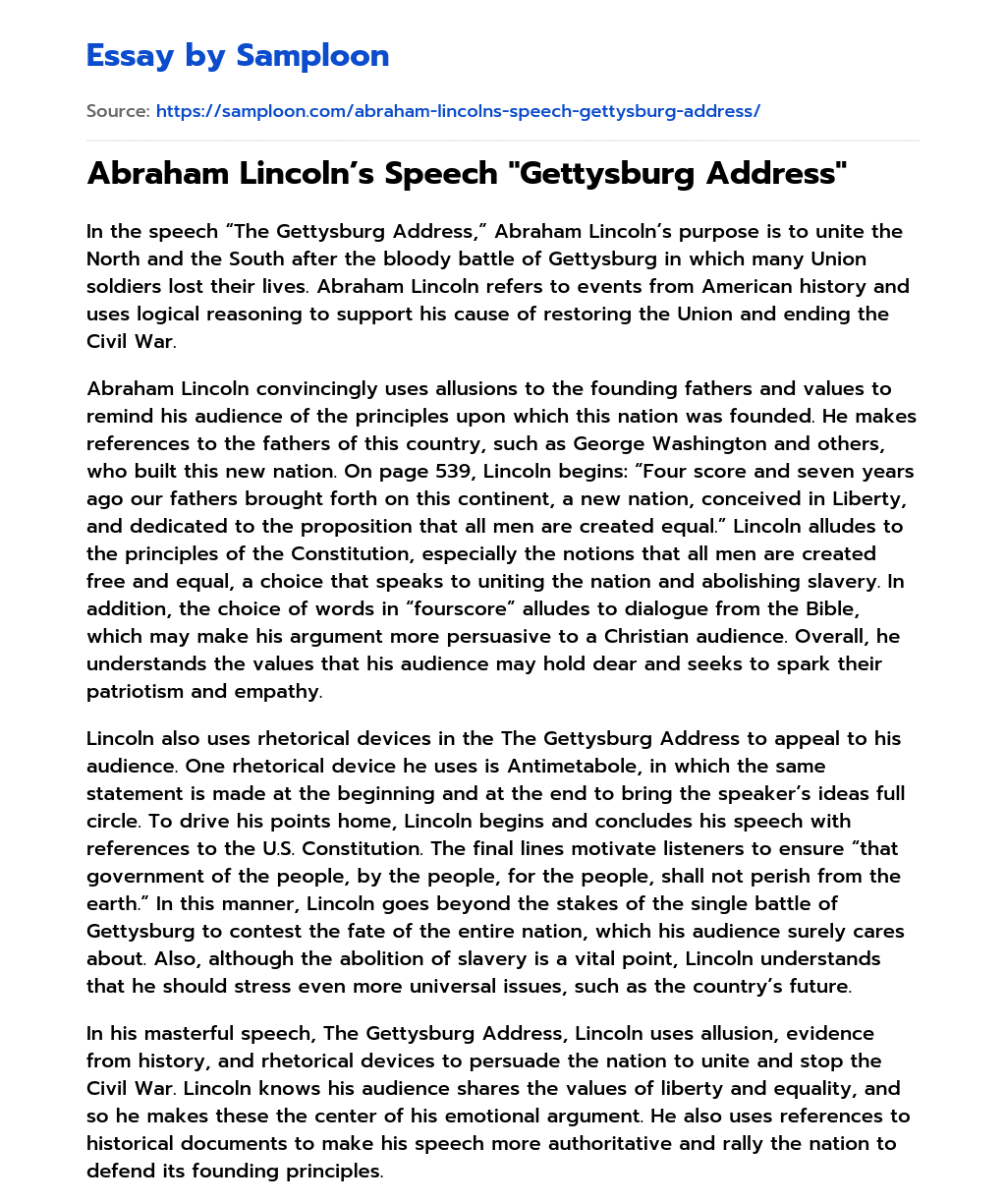Abraham Lincoln’s Speech “Gettysburg Address” essay