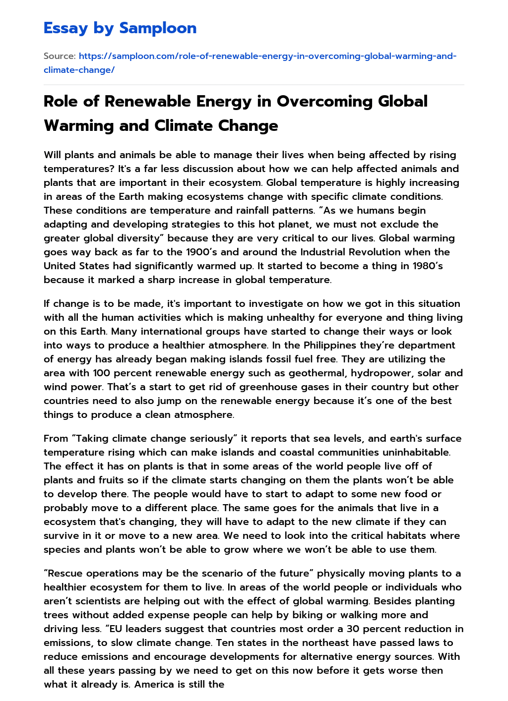 Role of Renewable Energy in Overcoming Global Warming and Climate Change essay