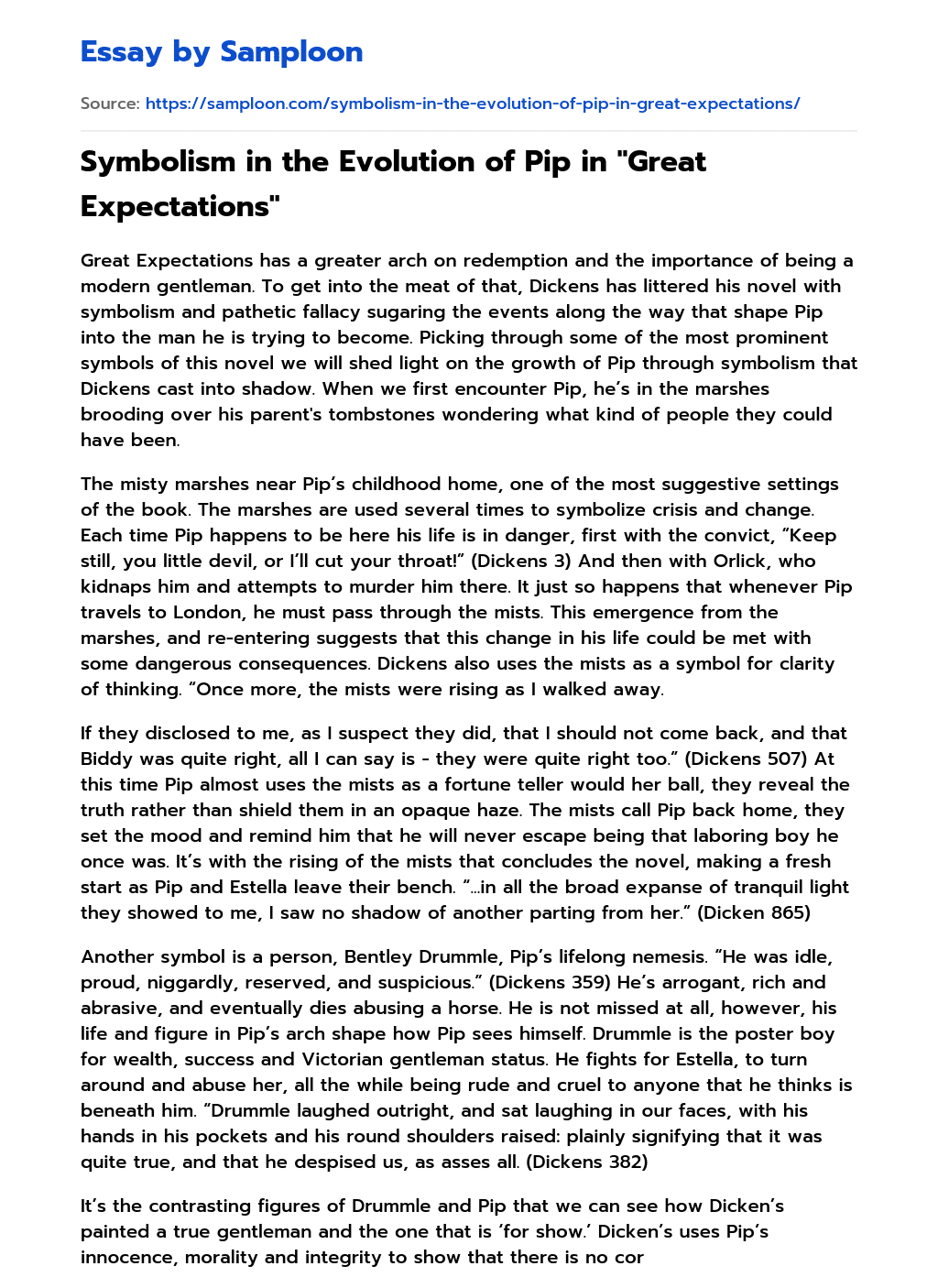 Symbolism in the Evolution of Pip in “Great Expectations” essay