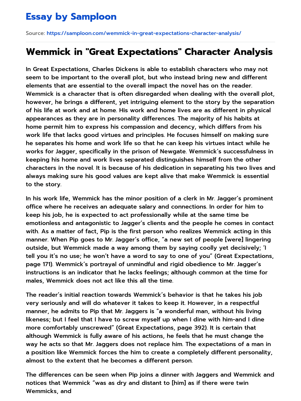  Wemmick In Great Expectations Character Analysis Free Essay Sample 