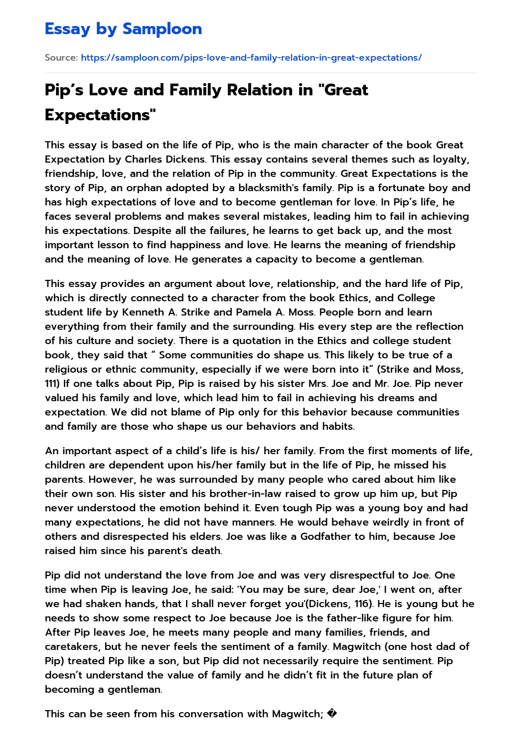 Pip’s Love and Family Relation in “Great Expectations” Summary essay