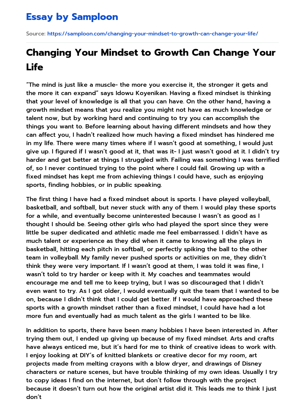 Changing Your Mindset to Growth Can Change Your Life essay