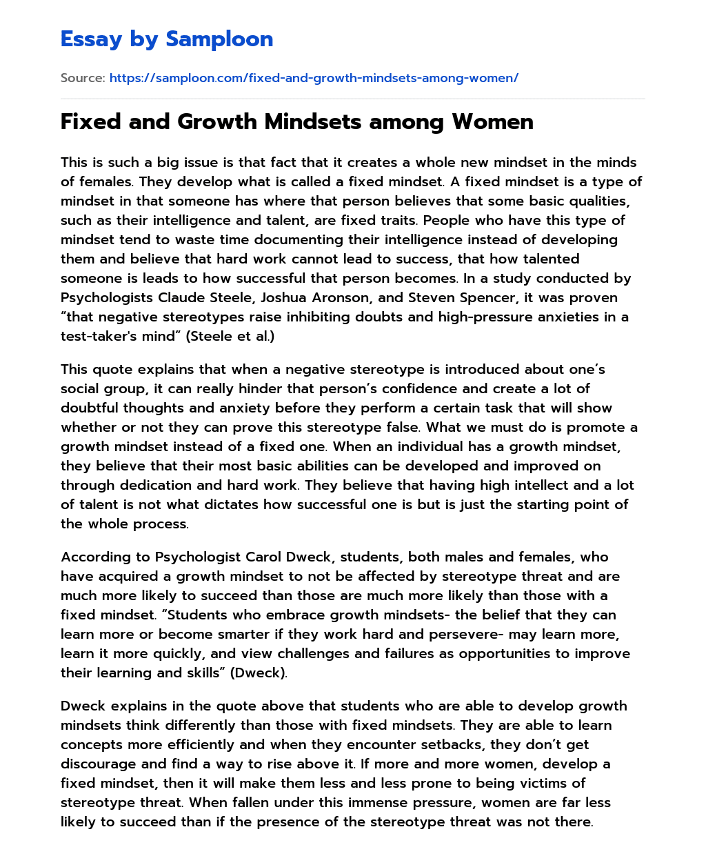 Fixed and Growth Mindsets among Women essay