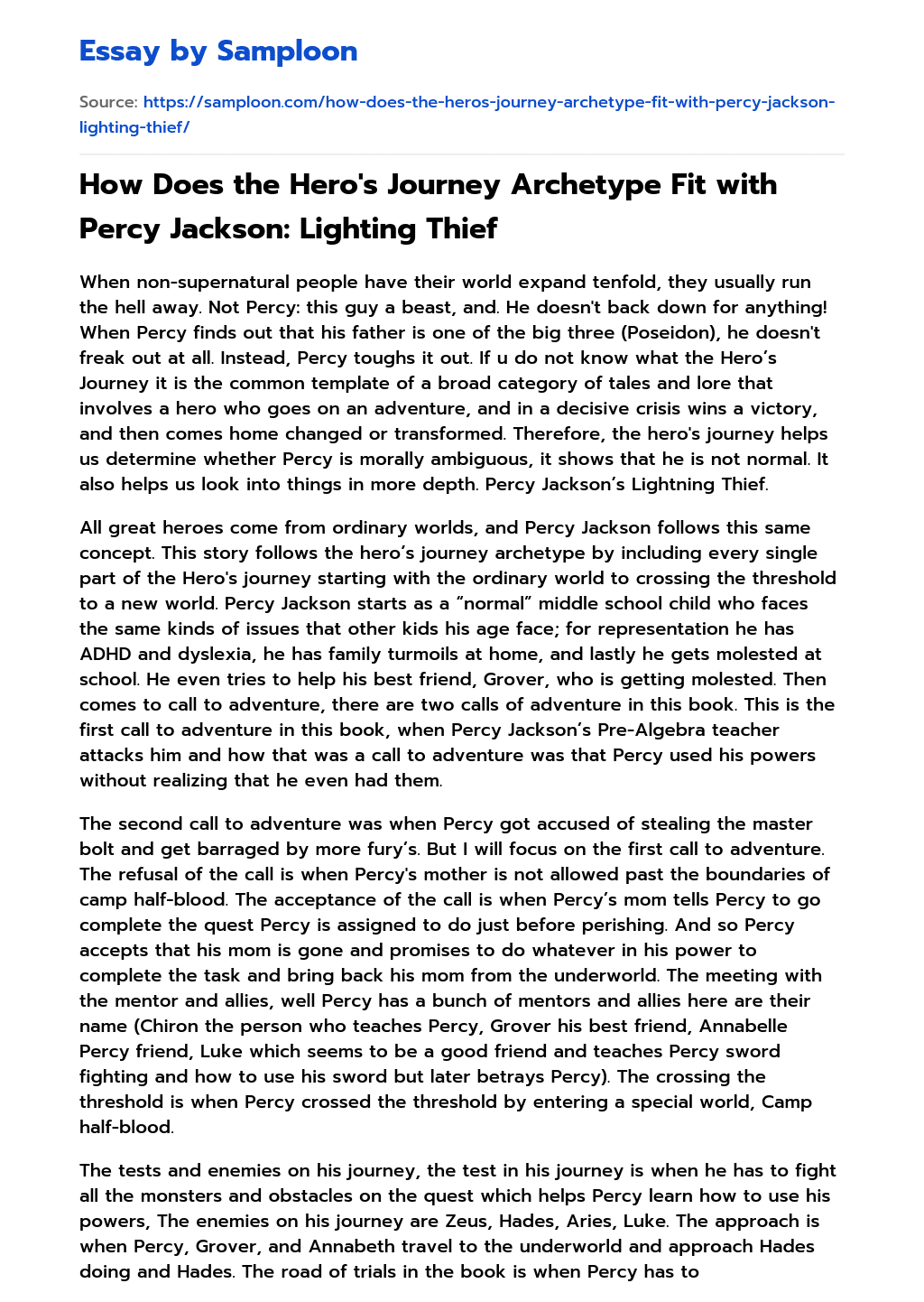 How Does the Hero’s Journey Archetype Fit with Percy Jackson: Lighting Thief essay