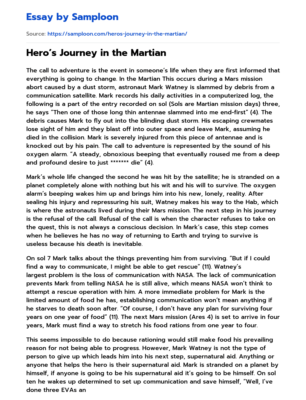 Hero’s Journey in the Martian essay