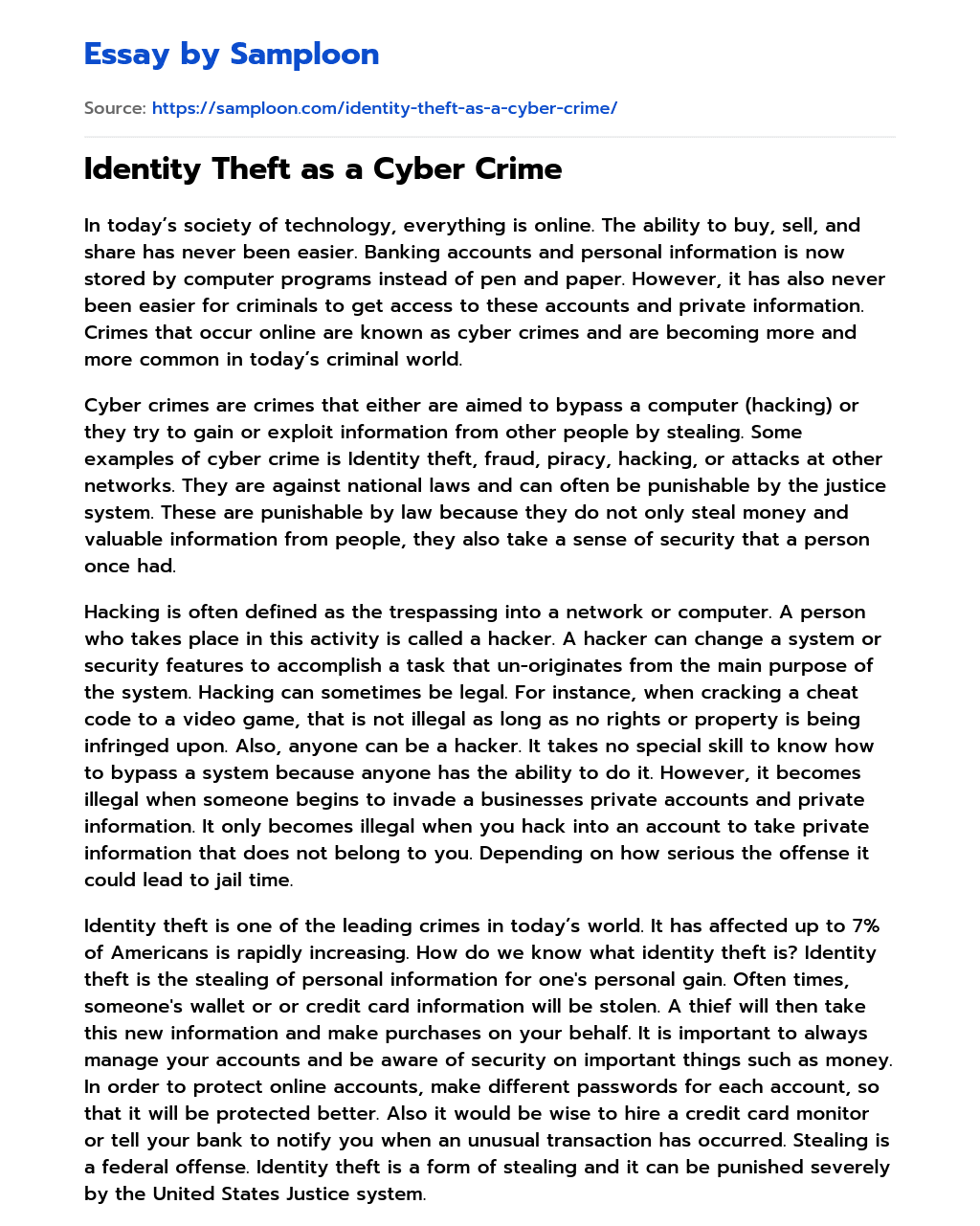 Identity Theft as a Cyber Crime essay