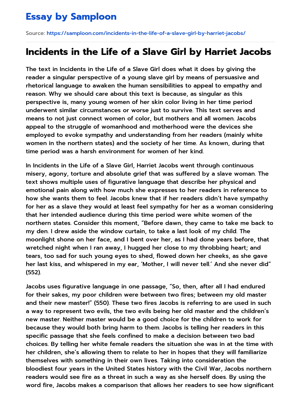 Incidents in the Life of a Slave Girl by Harriet Jacobs essay