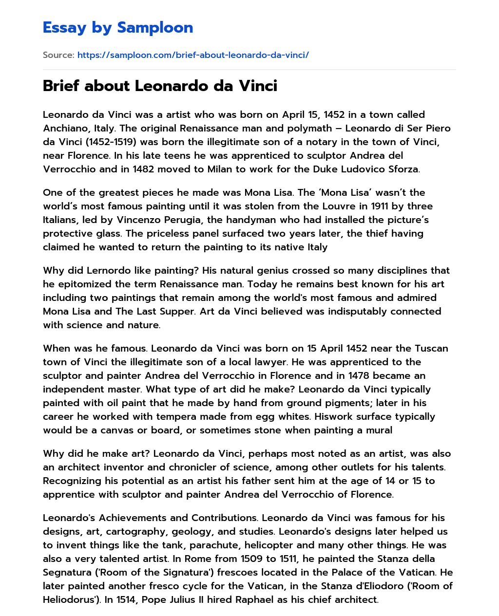 Brief about Leonardo da Vinci essay