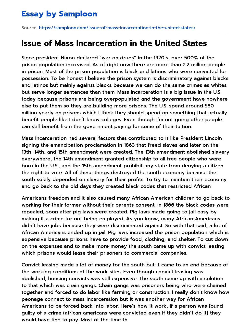 Issue of Mass Incarceration in the United States essay