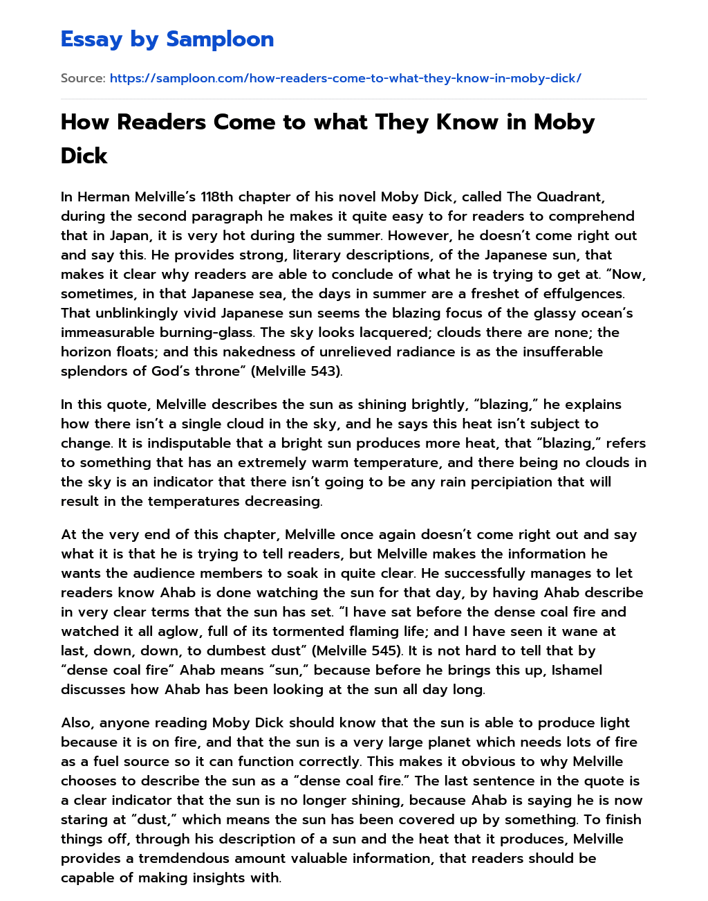 How Readers Come to what They Know in Moby Dick essay