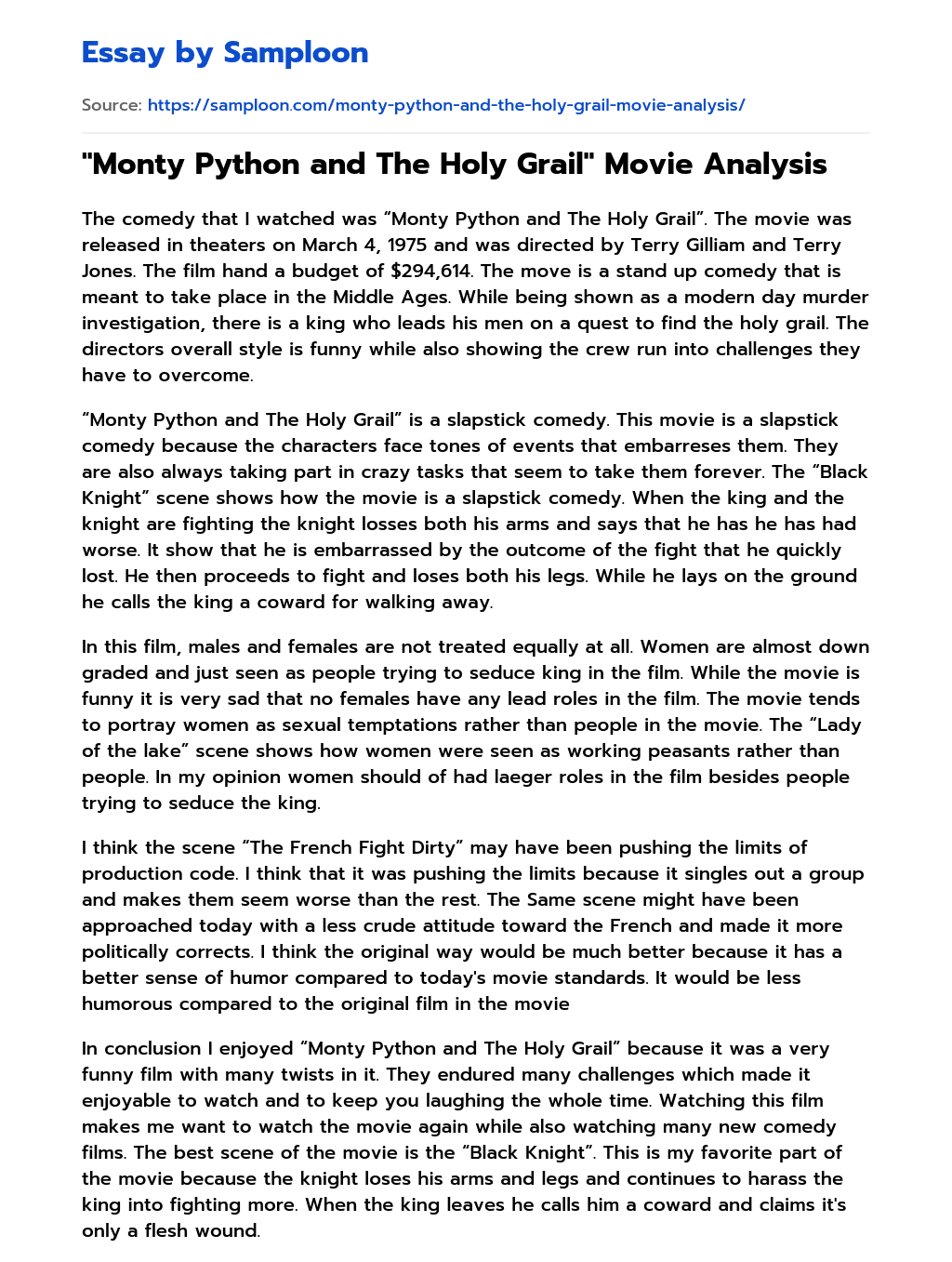 “Monty Python and The Holy Grail” Movie Analysis essay