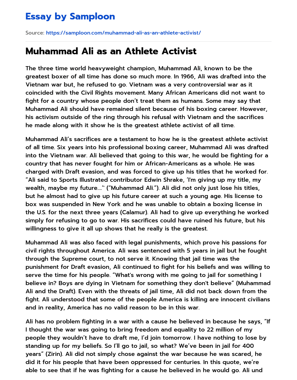 Muhammad Ali as an Athlete Activist essay