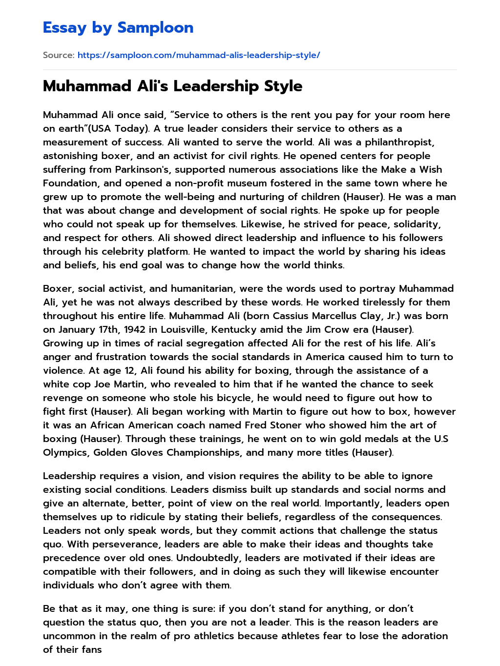 Muhammad Ali’s Leadership Style Personal Essay essay