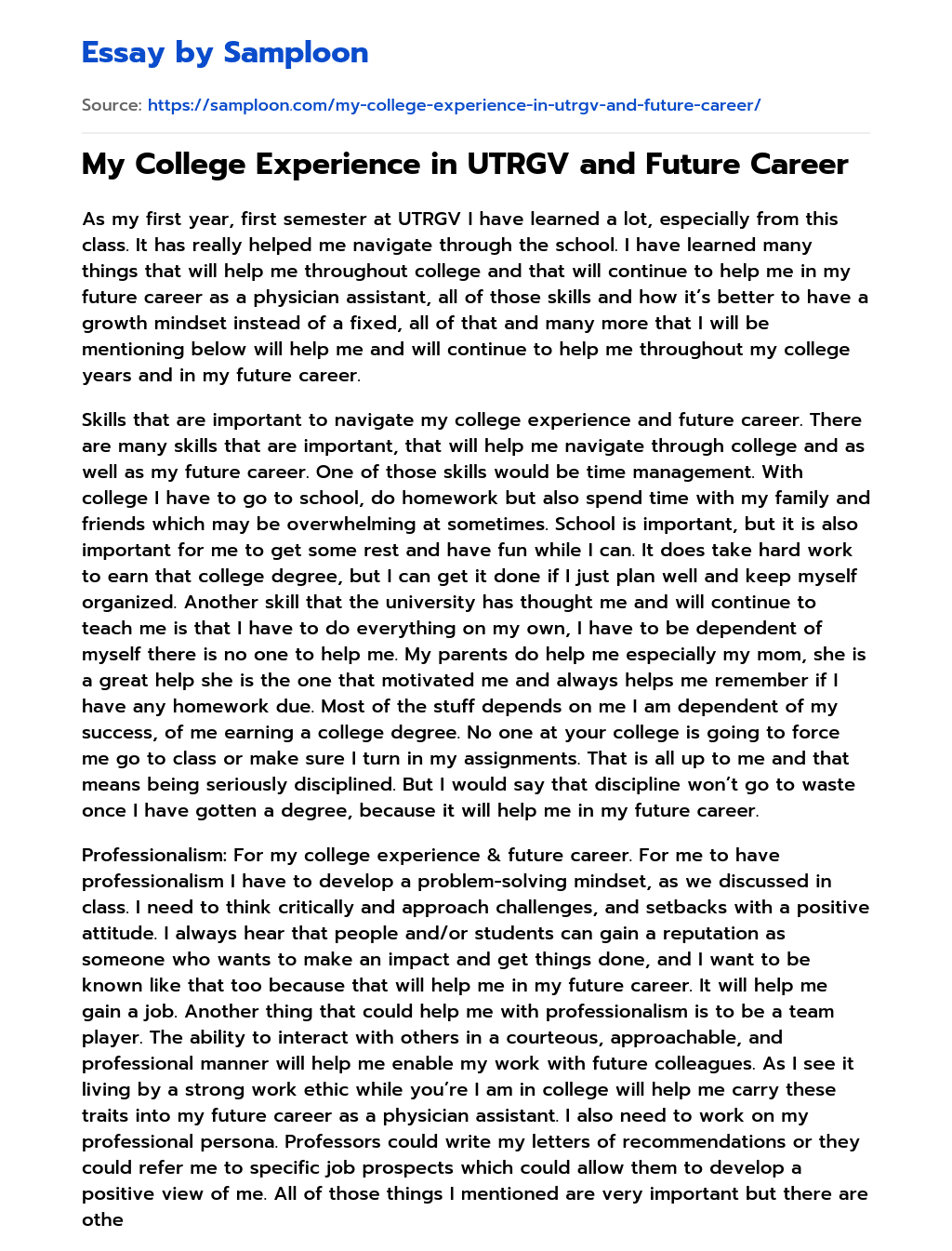 My College Experience in UTRGV and Future Career essay